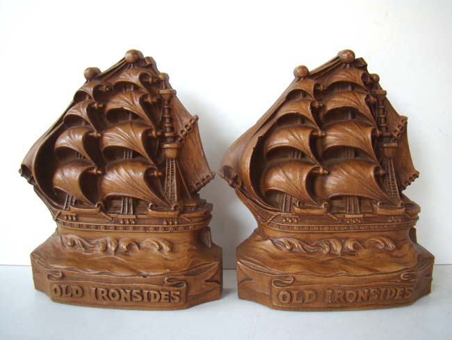 A pair of faux wood "OLD IRONSIDES" bookends circa 1940-1950. — image 2
